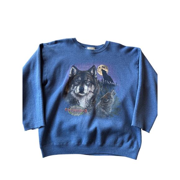Vintage FieldMaster Wolf Nature USA Made XL Blue Crewneck Sweatshirt - Picture 1 of 9